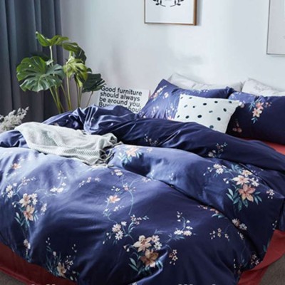 Navy blue floral print peach skin 100% polyester microfiber fabric brush for bedsheet